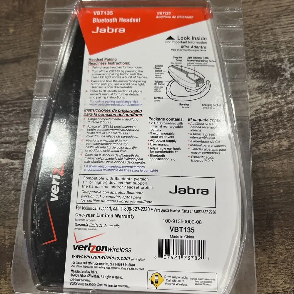 Jabra Bluetooth Universal Headset VBT135 Verizon Wireless for Mobile Phones New